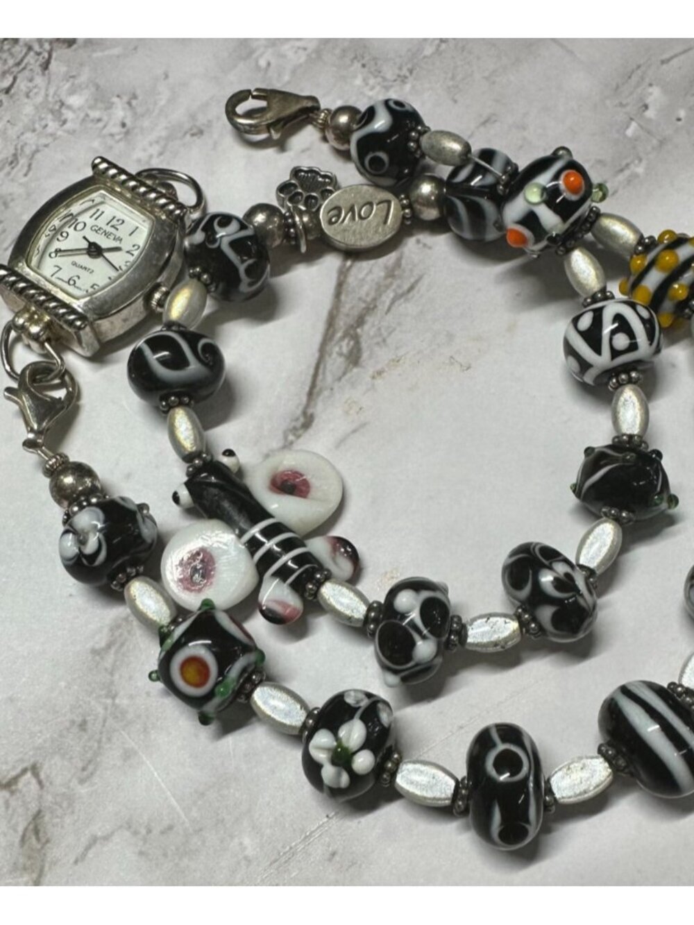 Geneva Watch Black White Art Glass Beaded Band Wrap Around New Battery